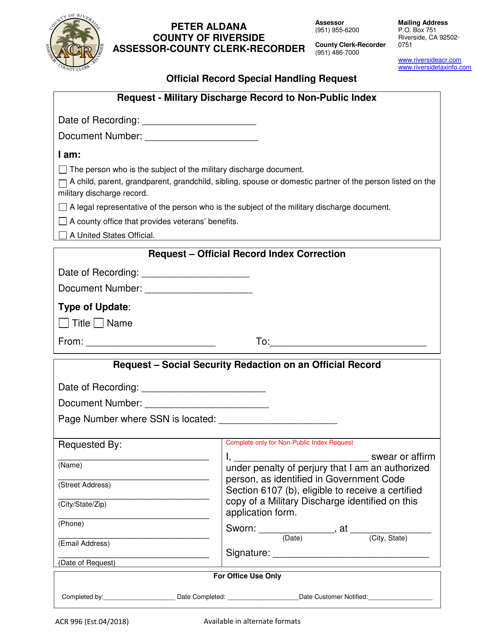 Form ACR996 Official Record Special Handling Request - County of Riverside, California