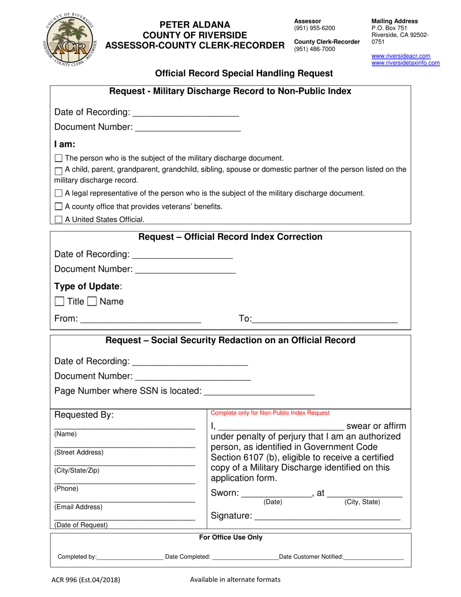 Form ACR996 Official Record Special Handling Request - County of Riverside, California, Page 1