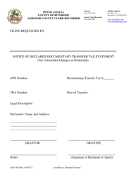 Document preview: Form ACR305 Notice of Declared Documentary Transfer Tax Statement (For Unrecorded Changes in Ownership) - County of Riverside, California