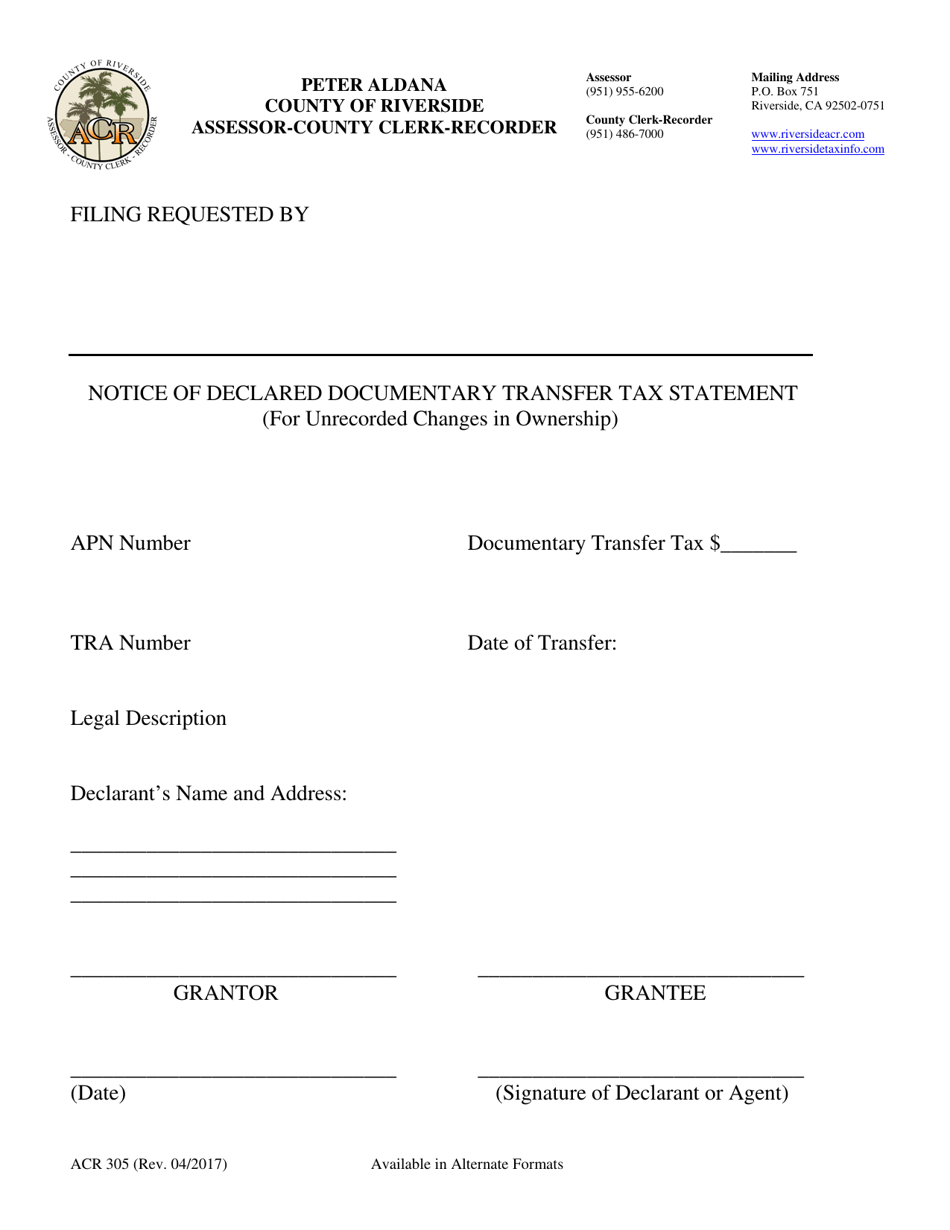 Form ACR305 Notice of Declared Documentary Transfer Tax Statement (For Unrecorded Changes in Ownership) - County of Riverside, California, Page 1