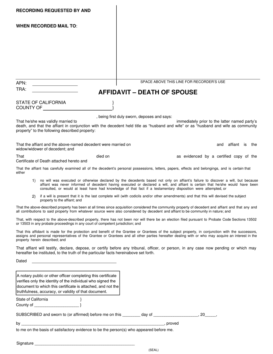 Affidavit - Death of Spouse - County of Riverside, California, Page 1