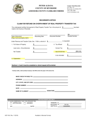 Document preview: Form ACR196 Claim for Refund on Overpayment of Real Property Transfer Tax - County of Riverside, California
