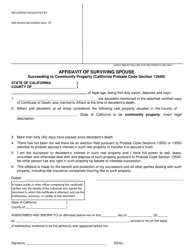 Document preview: Affidavit of Surviving Spouse Succeeding to Community Property (California Probate Code Section 13540) - County of Riverside, California