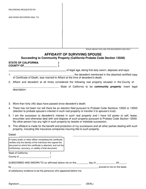 Affidavit of Surviving Spouse Succeeding to Community Property (California Probate Code Section 13540) - County of Riverside, California Download Pdf