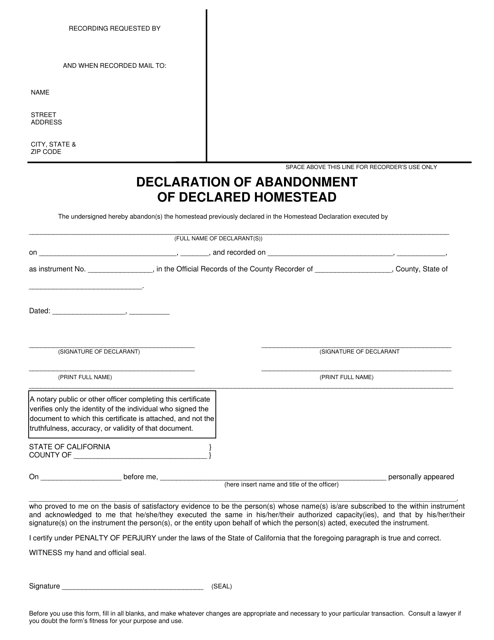 Declaration of Abandonment of Declared Homestead - County of Riverside, California Download Pdf
