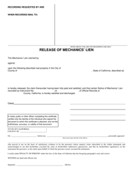 Document preview: Release of Mechanics' Lien - County of Riverside, California