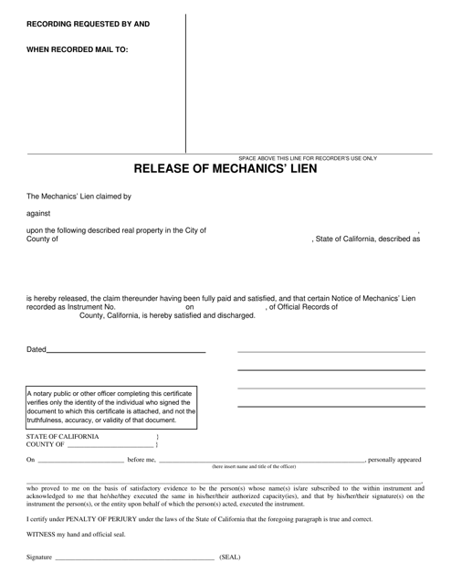 Release of Mechanics' Lien - County of Riverside, California Download Pdf