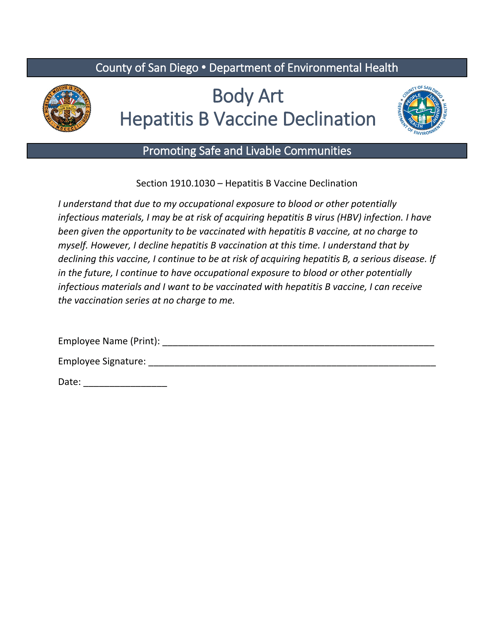 Body Art Hepatitis B Vaccine Declination Form - County of San Diego, California Download Pdf