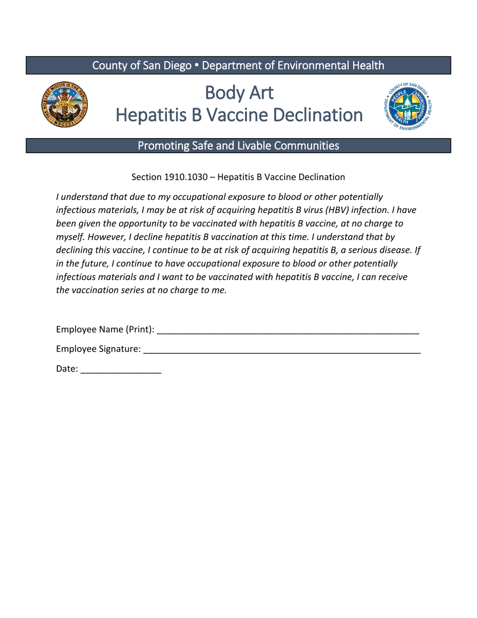 County of San Diego, California Body Art Hepatitis B Vaccine