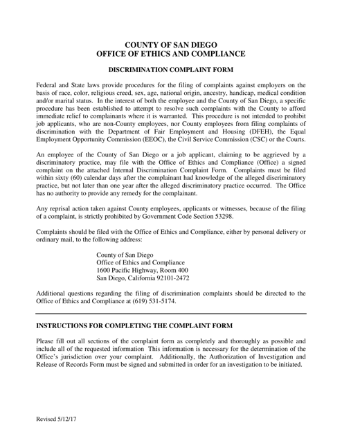 Internal Discrimination Complaint Form - County of San Diego, California Download Pdf