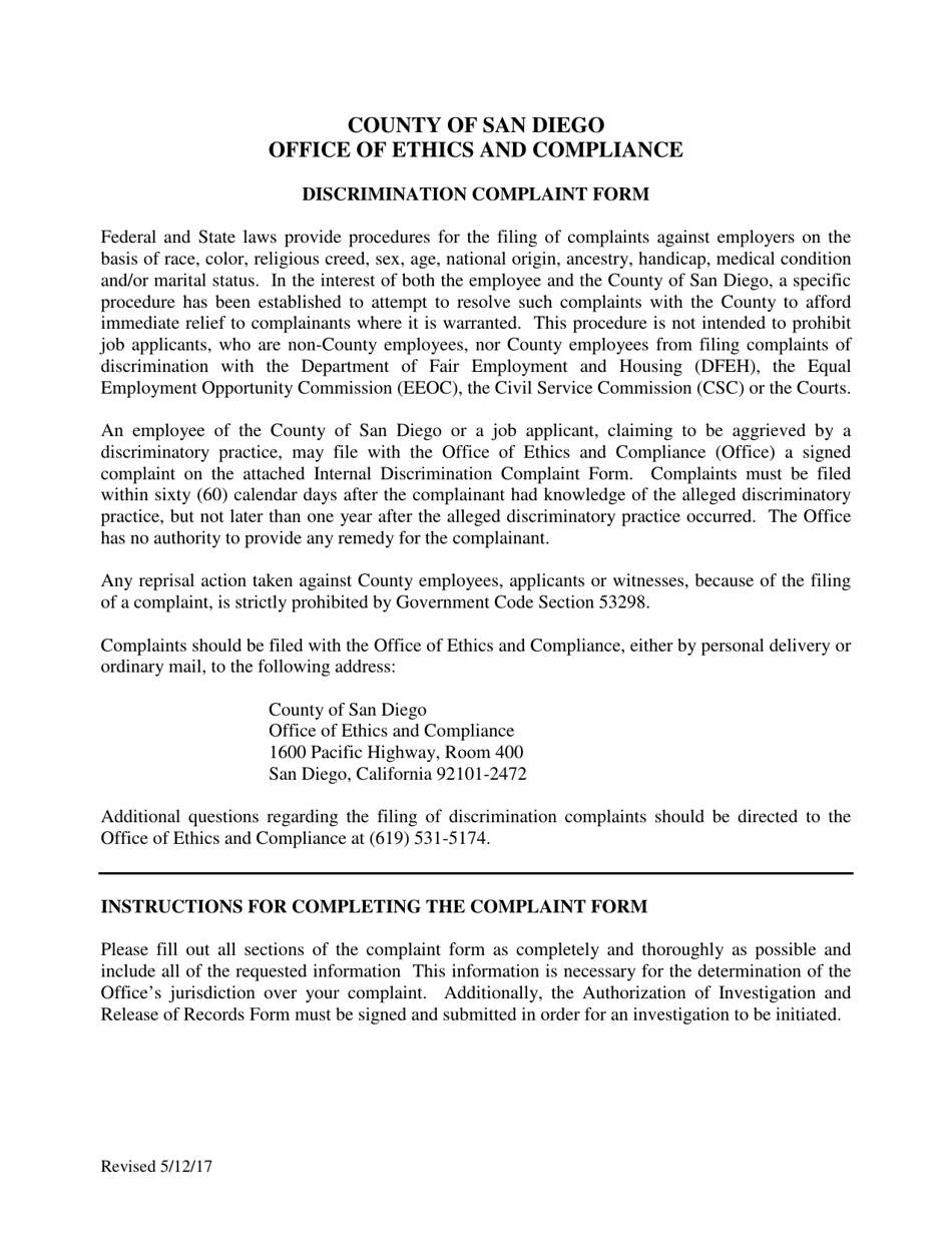 Internal Discrimination Complaint Form - County of San Diego, California, Page 1
