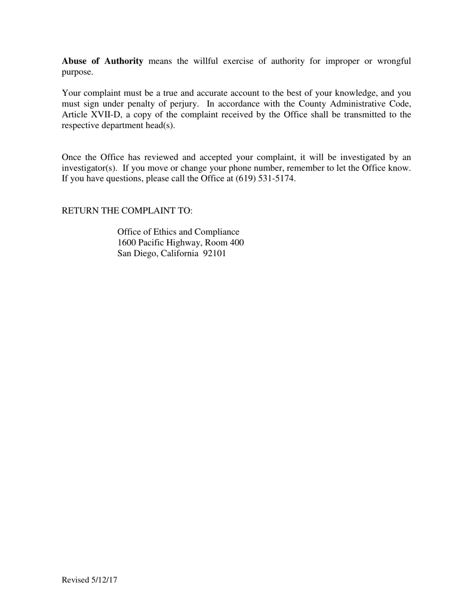 Improper County Government Activity Complaint Form - County of San Diego, California, Page 2