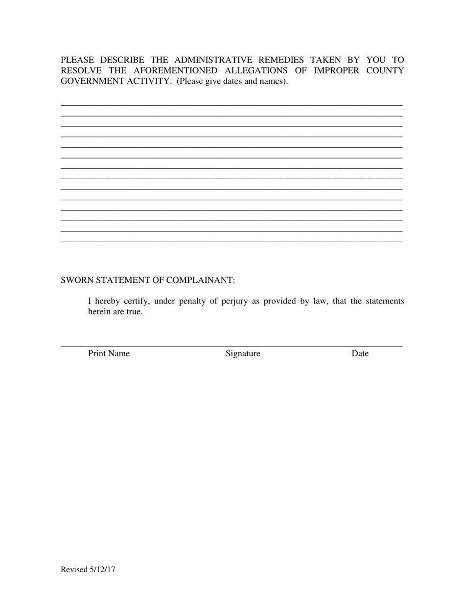 Improper County Government Activity Complaint Form - County of San Diego, California, Page 5