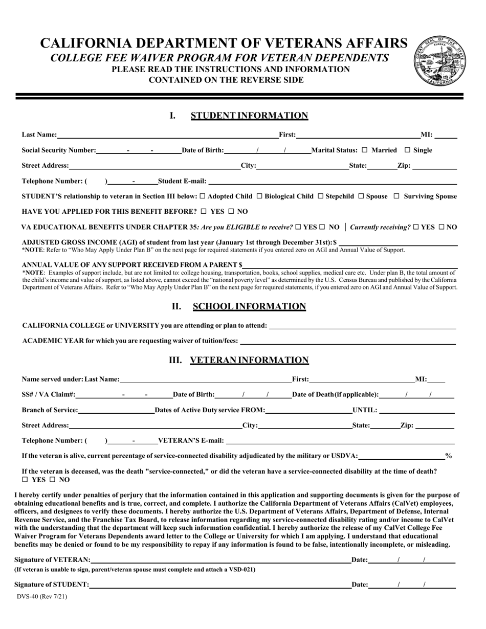 Form DVS-40 College Fee Waiver Program for Veteran Dependents Application - California, Page 1
