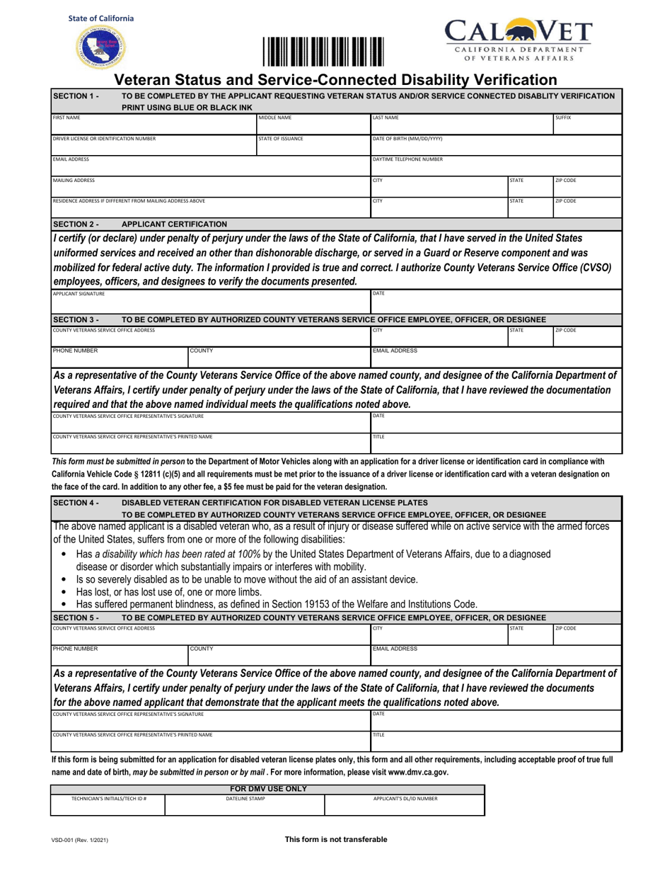 Form VSD-001 Veteran Status and Service-Connected Disability Verification - California, Page 1