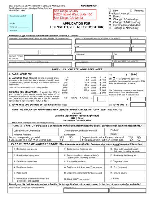 Form 64-029 Application for License to Sell Nursery Stock - County of San Diego, California