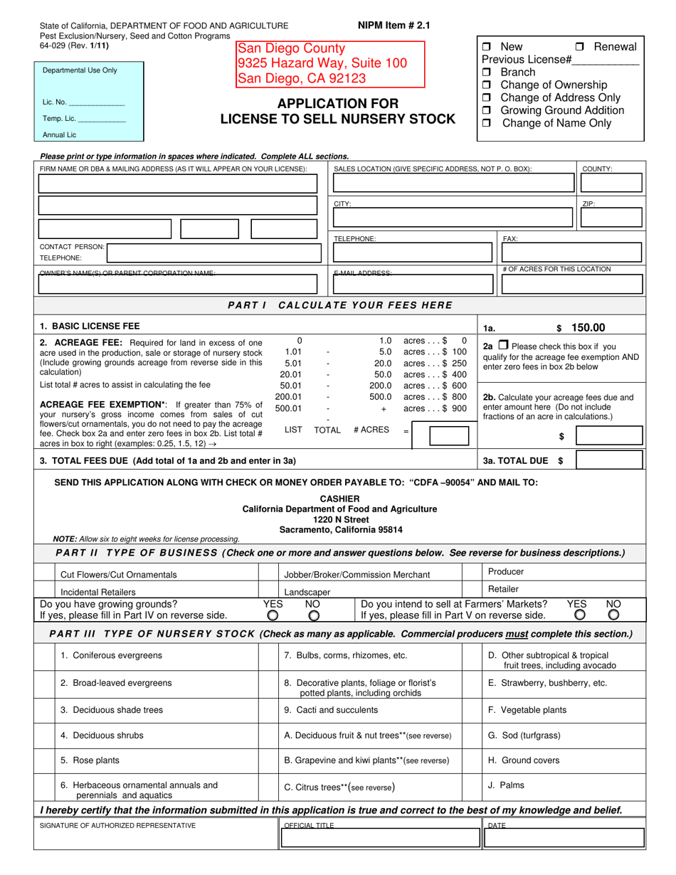 Form 64-029 Application for License to Sell Nursery Stock - County of San Diego, California, Page 1