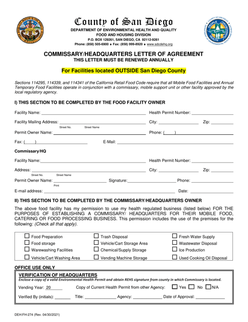 Form DEH:FH-274 Commissary/Headquarters Letter of Agreement for Facilities Located Outside San Diego County - County of San Diego, California (English/Spanish)
