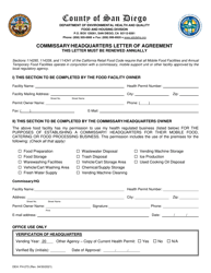 Form DEH:FH-273 Commissary/Headquarters Letter of Agreement - County of San Diego, California (English/Spanish)