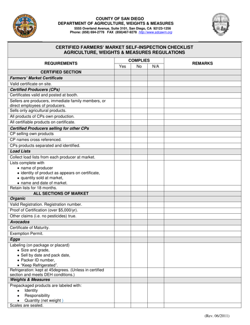 Certified Farmers' Market Self-inspection Checklist - County of San Diego, California Download Pdf