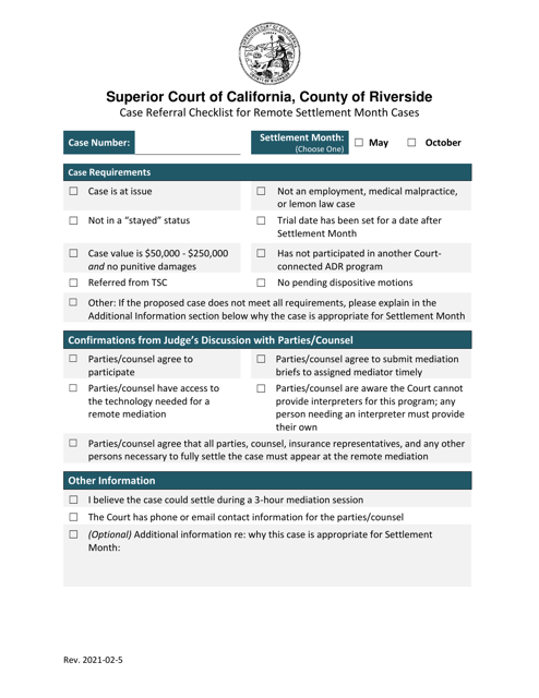 Case Referral Checklist for Remote Settlement Month Cases - County of Riverside, California