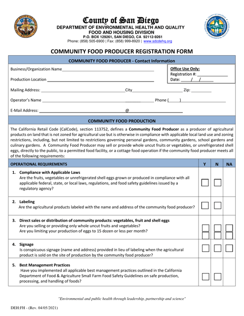 Form AB1990 Community Food Producer Registration Form - County of San Diego, California
