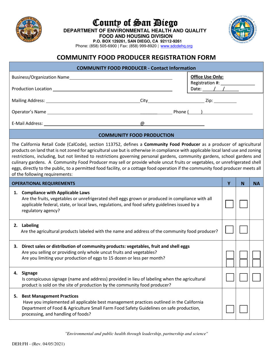 Form AB1990 Community Food Producer Registration Form - County of San Diego, California, Page 1