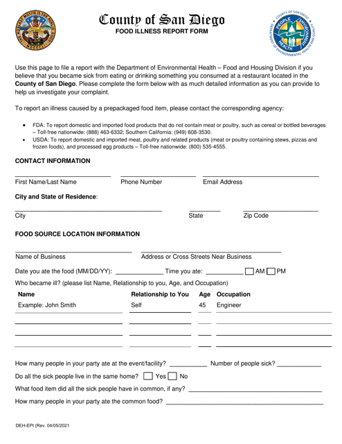 Food Illness Report Form - County of San Diego, California Download Pdf