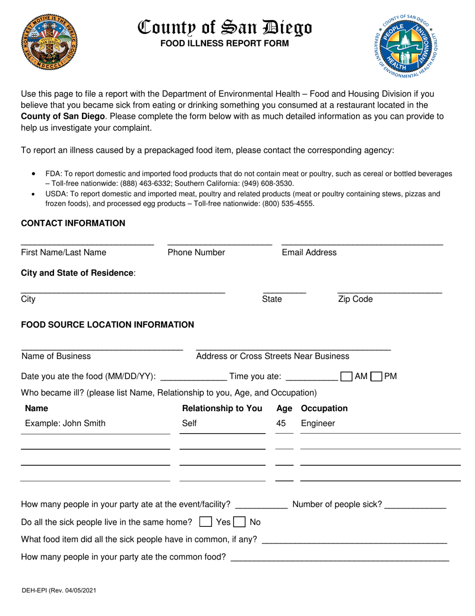 Food Illness Report Form - County of San Diego, California, Page 1