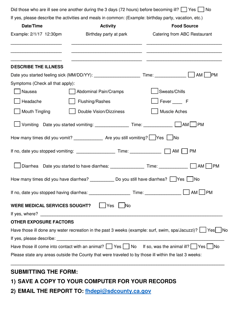 Food Illness Report Form - County of San Diego, California, Page 2