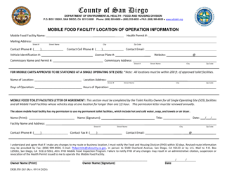 Document preview: Form DEH:FH-265 Mobile Food Facility Location of Operation Information - County of San Diego, California