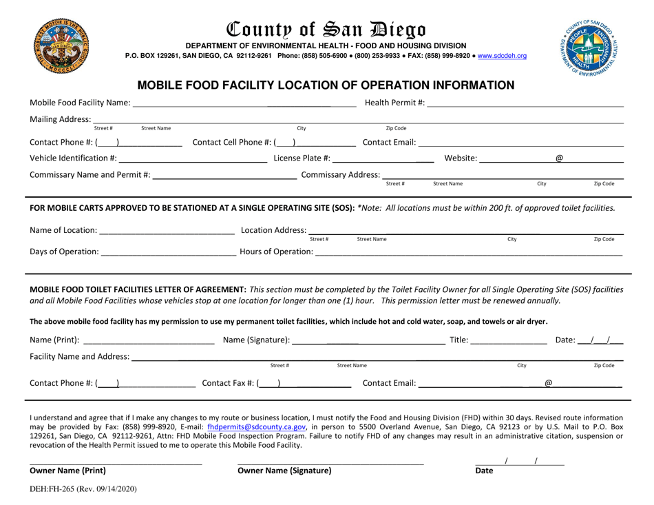 Form DEH:FH-265 Mobile Food Facility Location of Operation Information - County of San Diego, California, Page 1