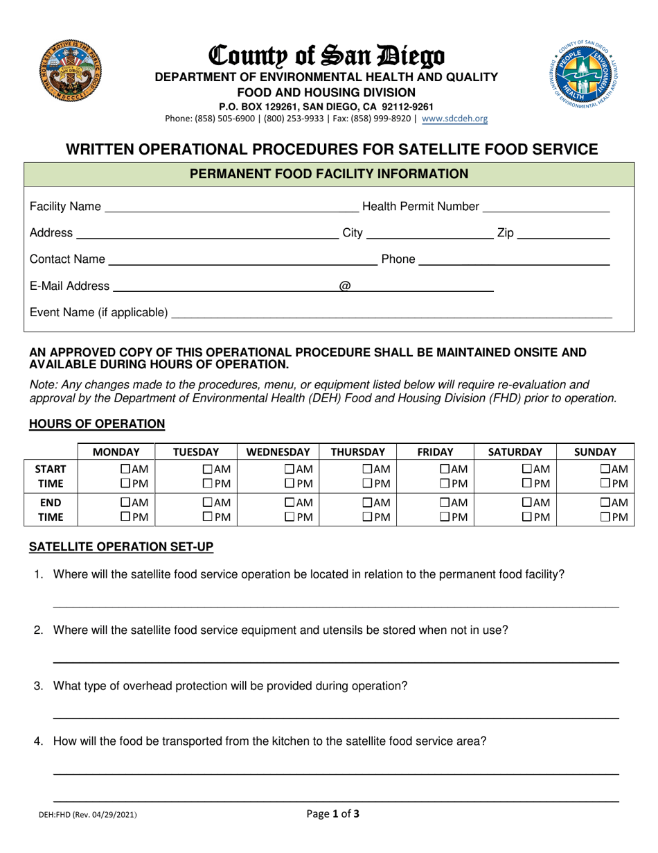 Written Operational Procedures for Satellite Food Service - County of San Diego, California, Page 1