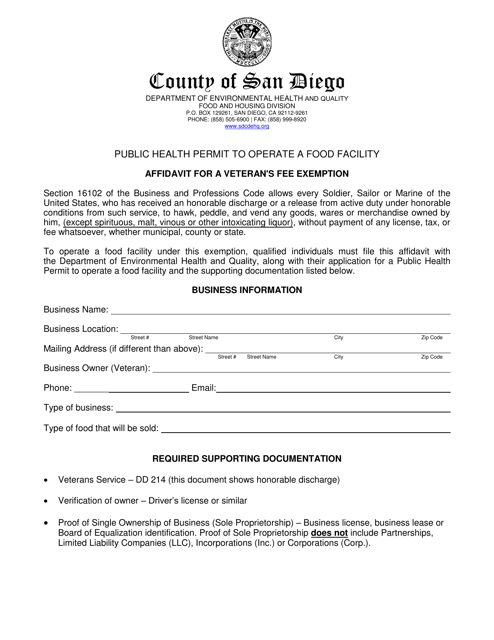 Affidavit for a Veteran's Fee Exemption - County of San Diego, California Download Pdf