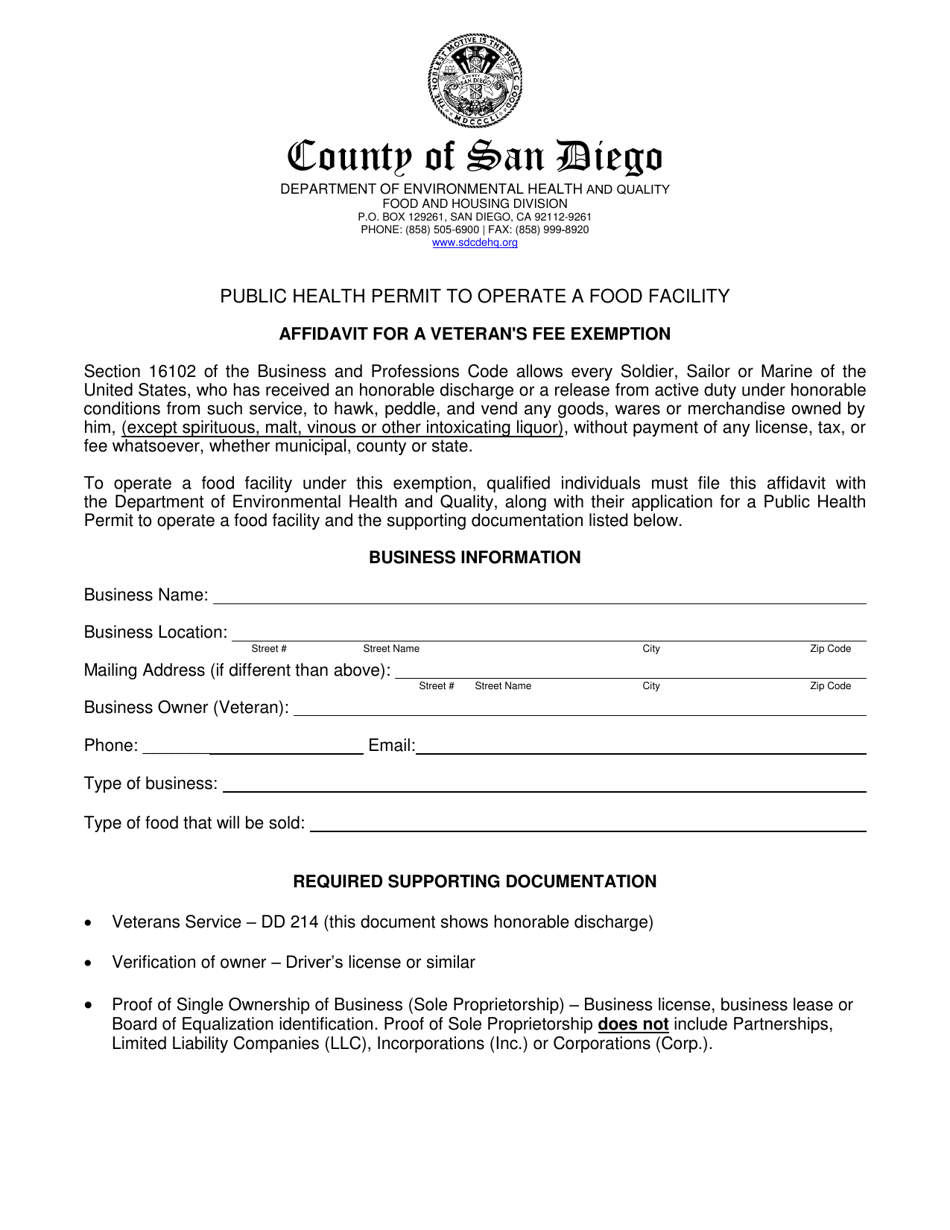 Affidavit for a Veterans Fee Exemption - County of San Diego, California, Page 1