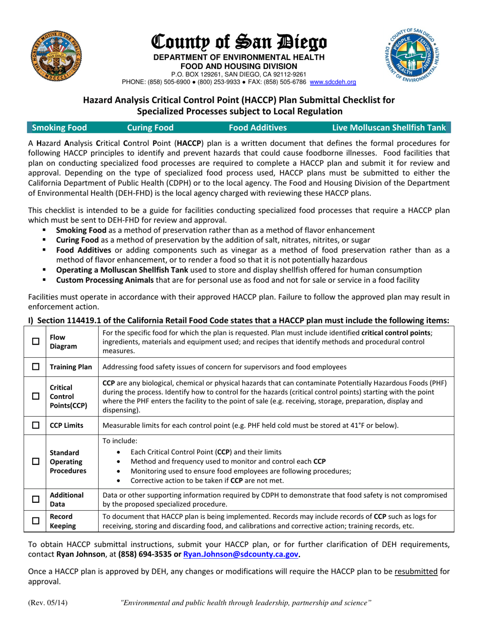 Hazard Analysis Critical Control Point (Haccp) Plan Submittal Checklist for Specialized Processes Subject to Local Regulation - County of San Diego, California, Page 1