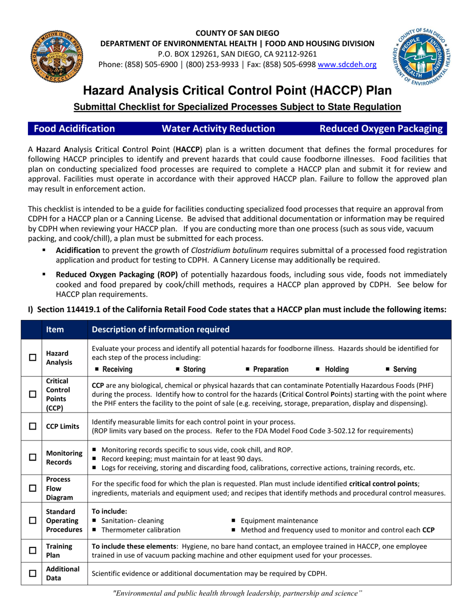 Hazard Analysis Critical Control Point (Haccp) Plan Submittal Checklist for Specialized Processes Subject to State Regulation - County of San Diego, California, Page 1