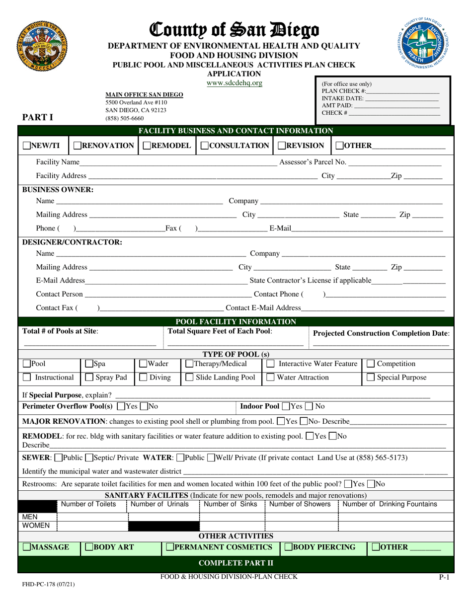 Form FHD-PC-178 Public Pool and Miscellaneous Activities Plan Check Application - County of San Diego, California, Page 1