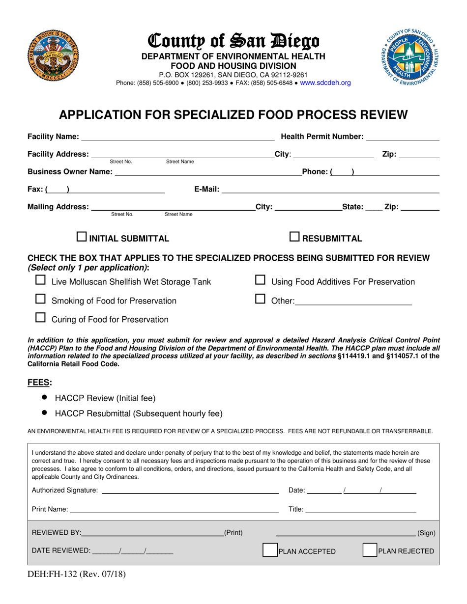 Form DEH:FH-132 Application for Specialized Food Process Review - County of San Diego, California, Page 1