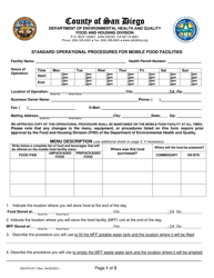 Document preview: Form DEH:FH-271 Standard Operational Procedures for Mobile Food Facilities - County of San Diego, California