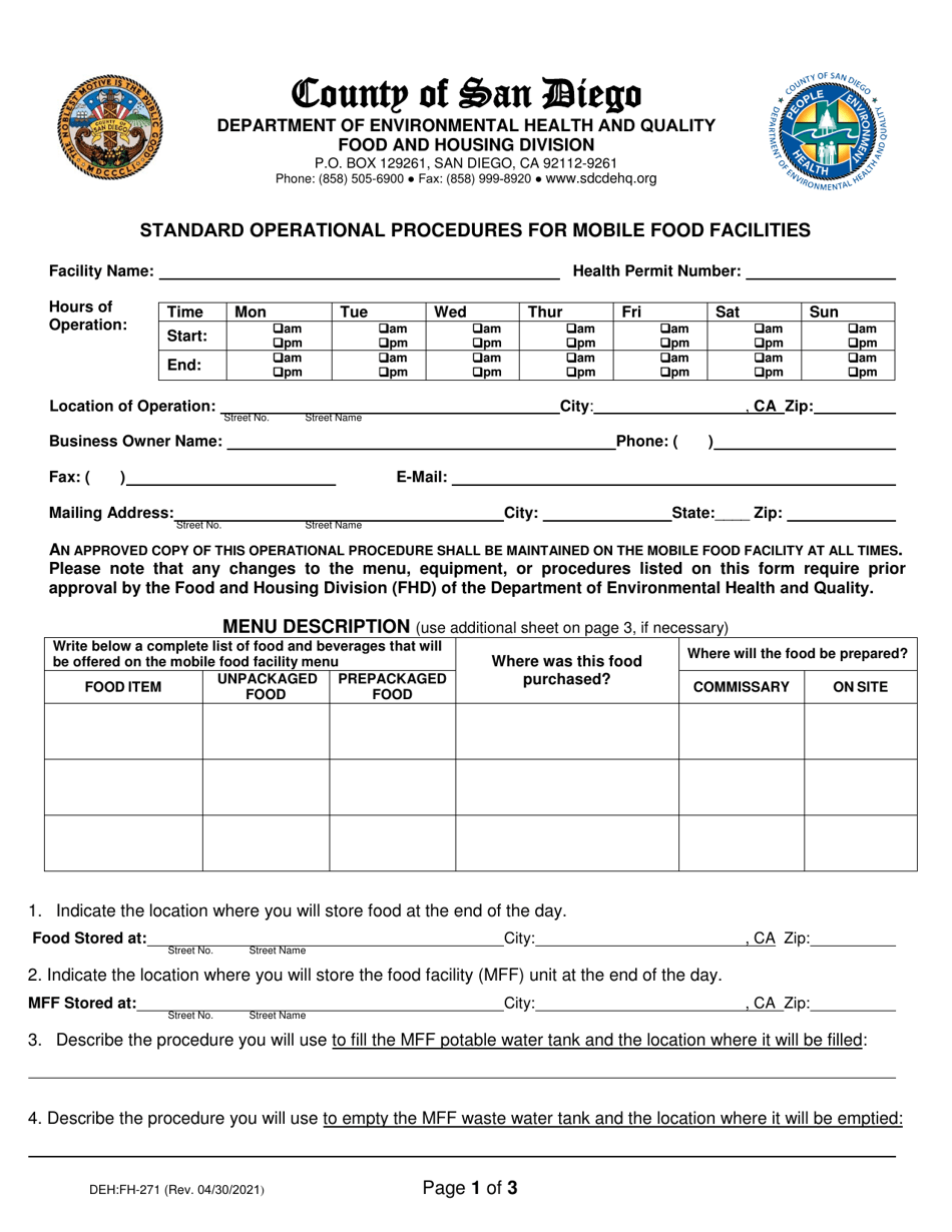 Form DEH:FH-271 Standard Operational Procedures for Mobile Food Facilities - County of San Diego, California, Page 1
