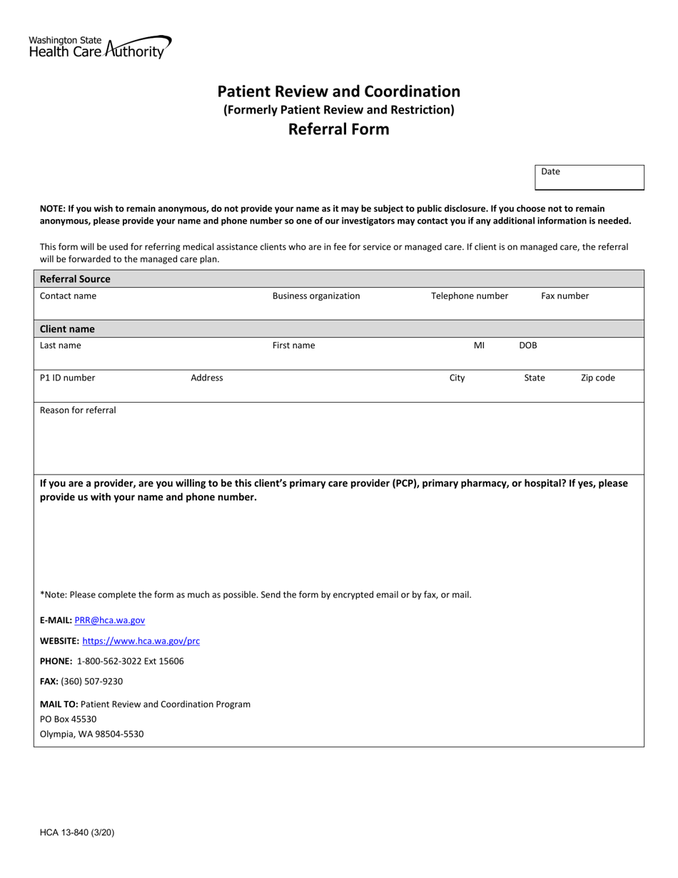 Form HCA13-840 Patient Review and Coordination Referral Form - Washington, Page 1