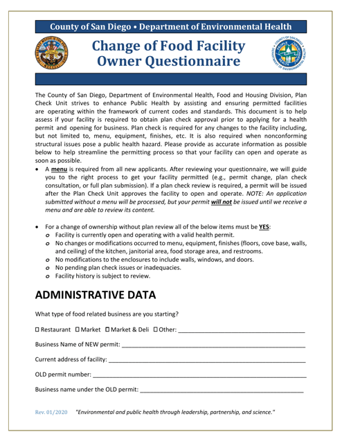 Change of Food Facility Owner Questionnaire - County of San Diego, California Download Pdf