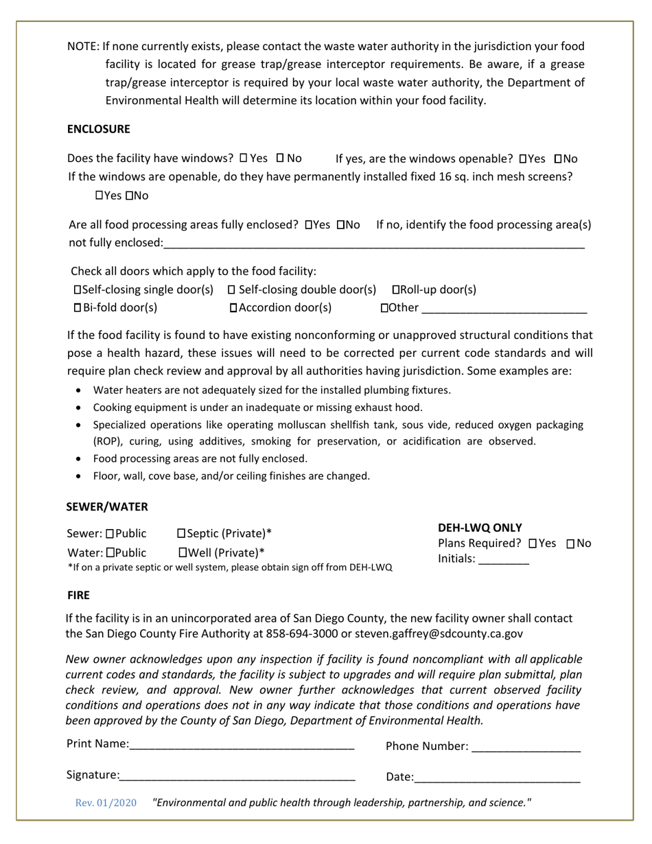 Change of Food Facility Owner Questionnaire - County of San Diego, California, Page 3