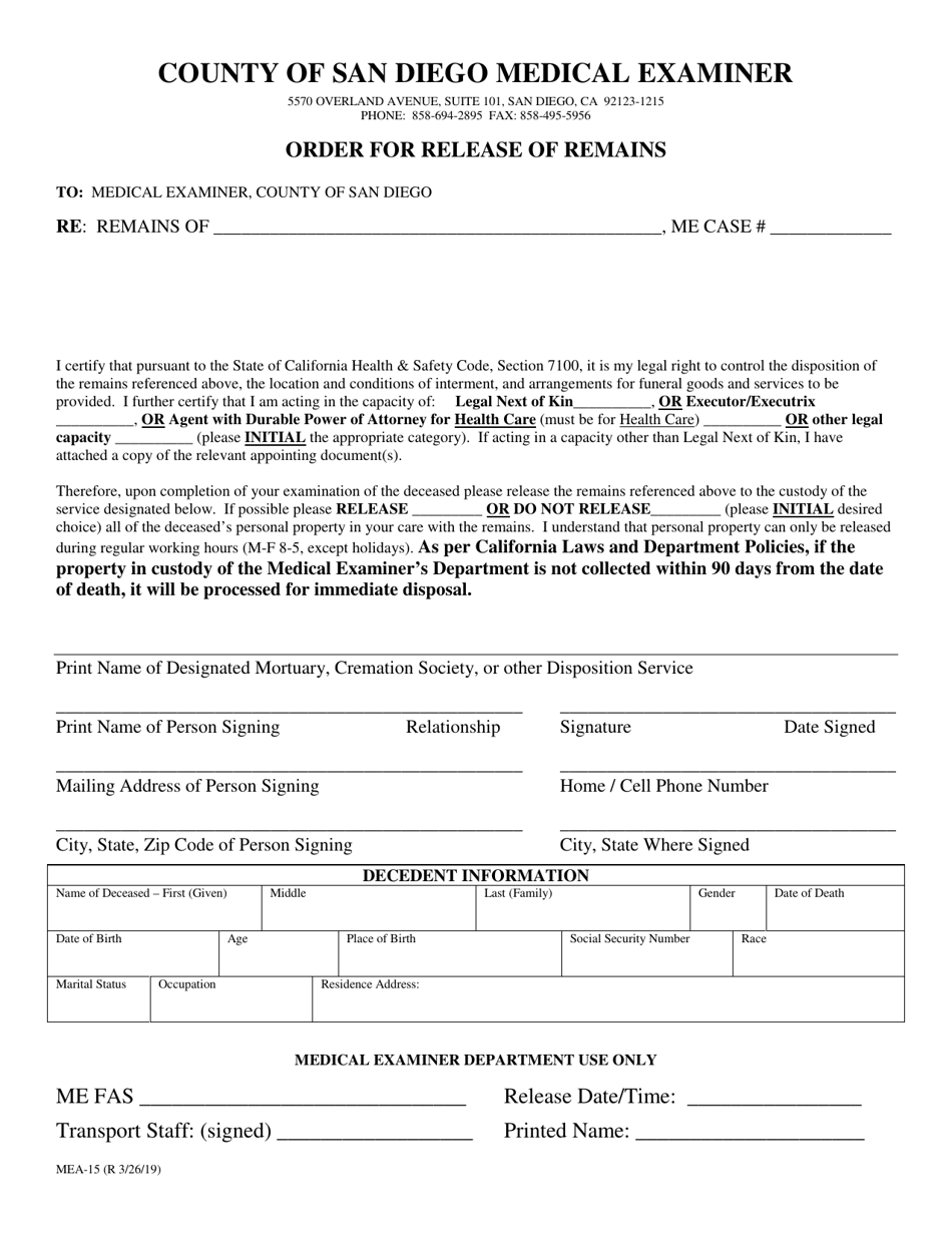 Form MEA-15 Order for Release of Remains - County of San Diego, California, Page 1