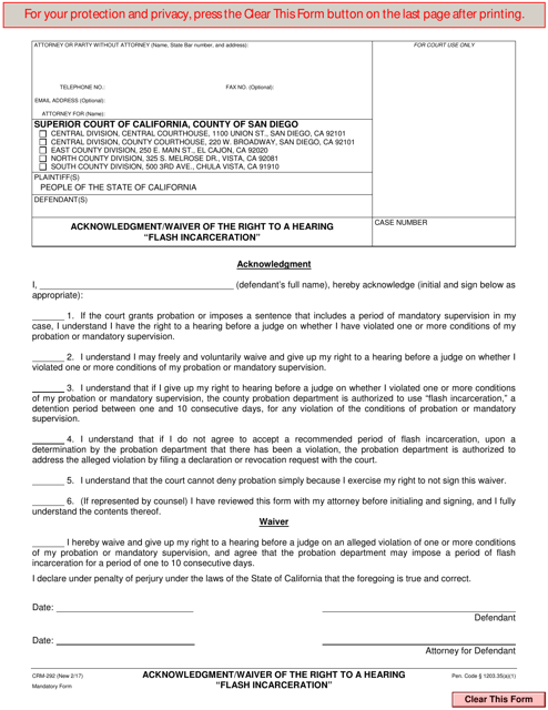 Form CRM-292 Acknowledgement/Waiver of the Right to a Hearing "flash Incarceration" - County of San Diego, California