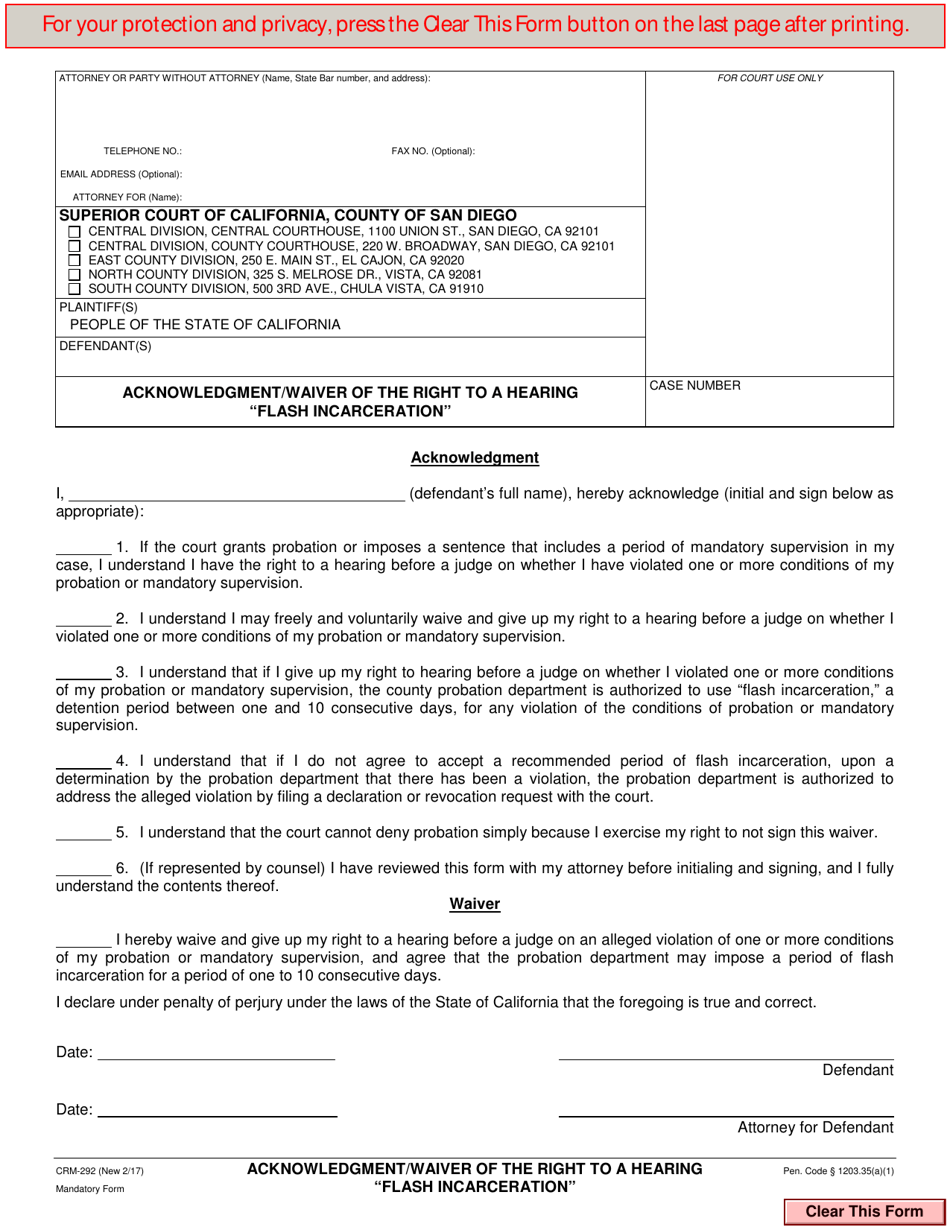 Form CRM-292 Acknowledgement / Waiver of the Right to a Hearing flash Incarceration - County of San Diego, California, Page 1