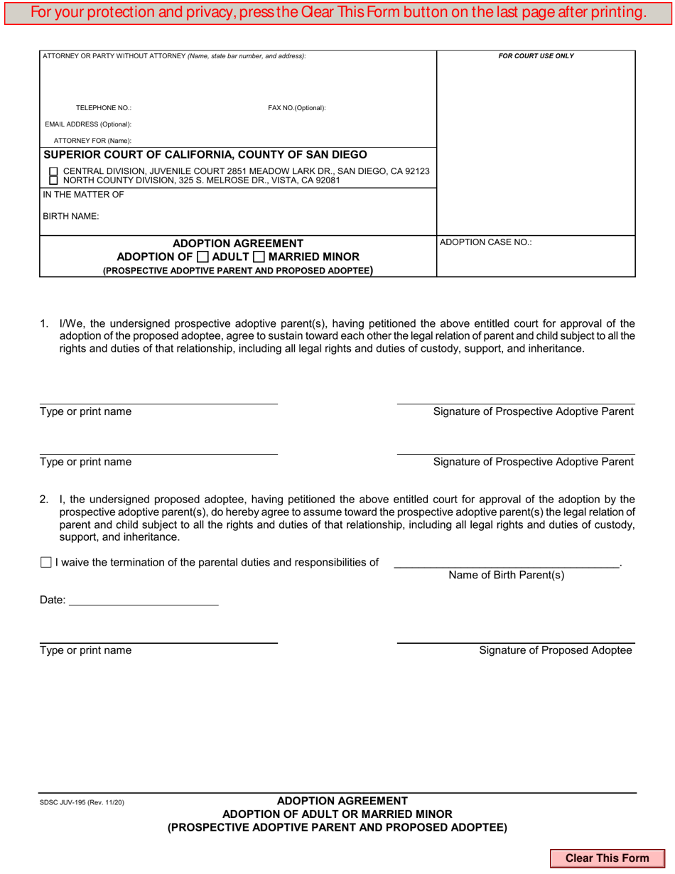 Form JUV-195 Adoption Agreement Adoption of Adult / Married Minor - County of San Diego, California, Page 1