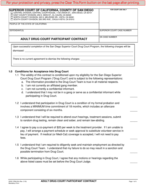 Form CRM-224 Adult Drug Court Participant Contract - County of San Diego, California