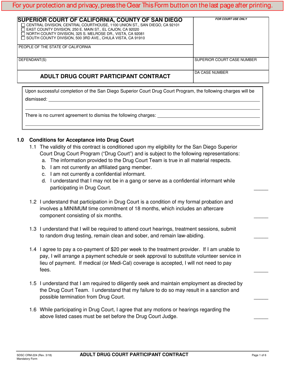 Form CRM-224 Adult Drug Court Participant Contract - County of San Diego, California, Page 1